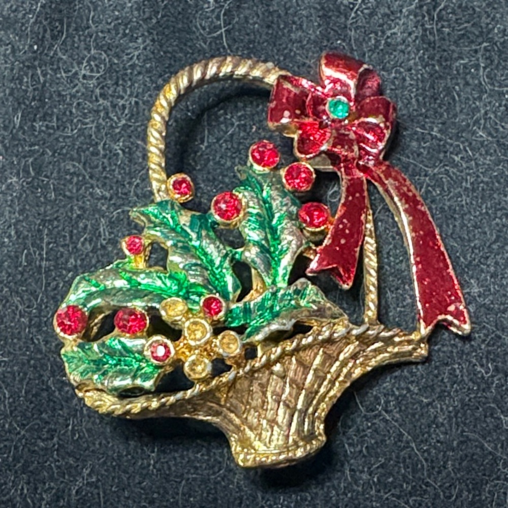 Vintage Festive Basket Brooch with Red and Green Rhinestone Accents